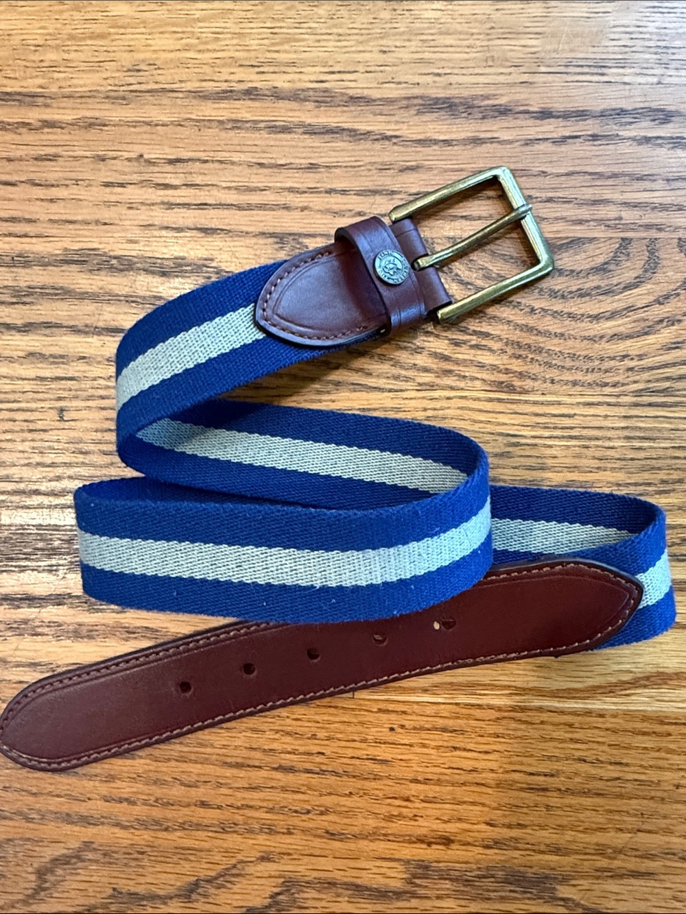 Men's Southern Tide Blue & Khaki Striped Belt with Brown Leather Trim size 32